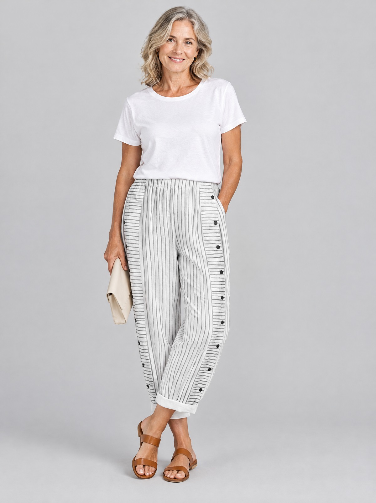 Nanette button trousers in white with grey seabreeze stripes, front view