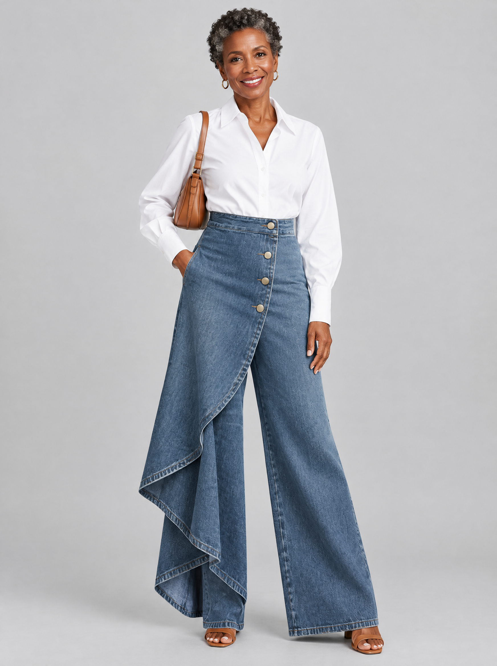 Reya high waisted wide leg jeans in mid blue denim with button wrap front, front view