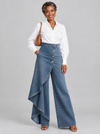 Harlow high waisted wide leg jeans in mid blue denim with button wrap front, front view