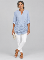 Annora top in blue with eyelet embroidery, front view