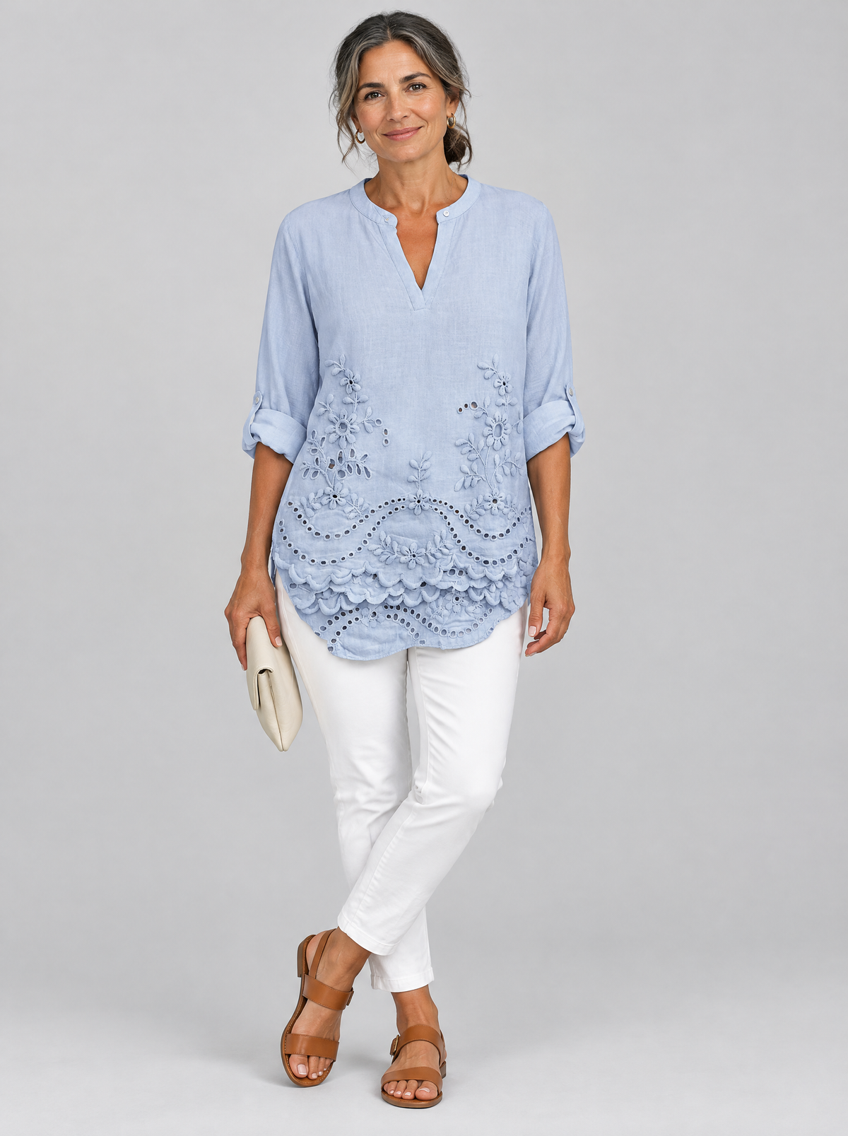 Annora top in blue with eyelet embroidery, front view