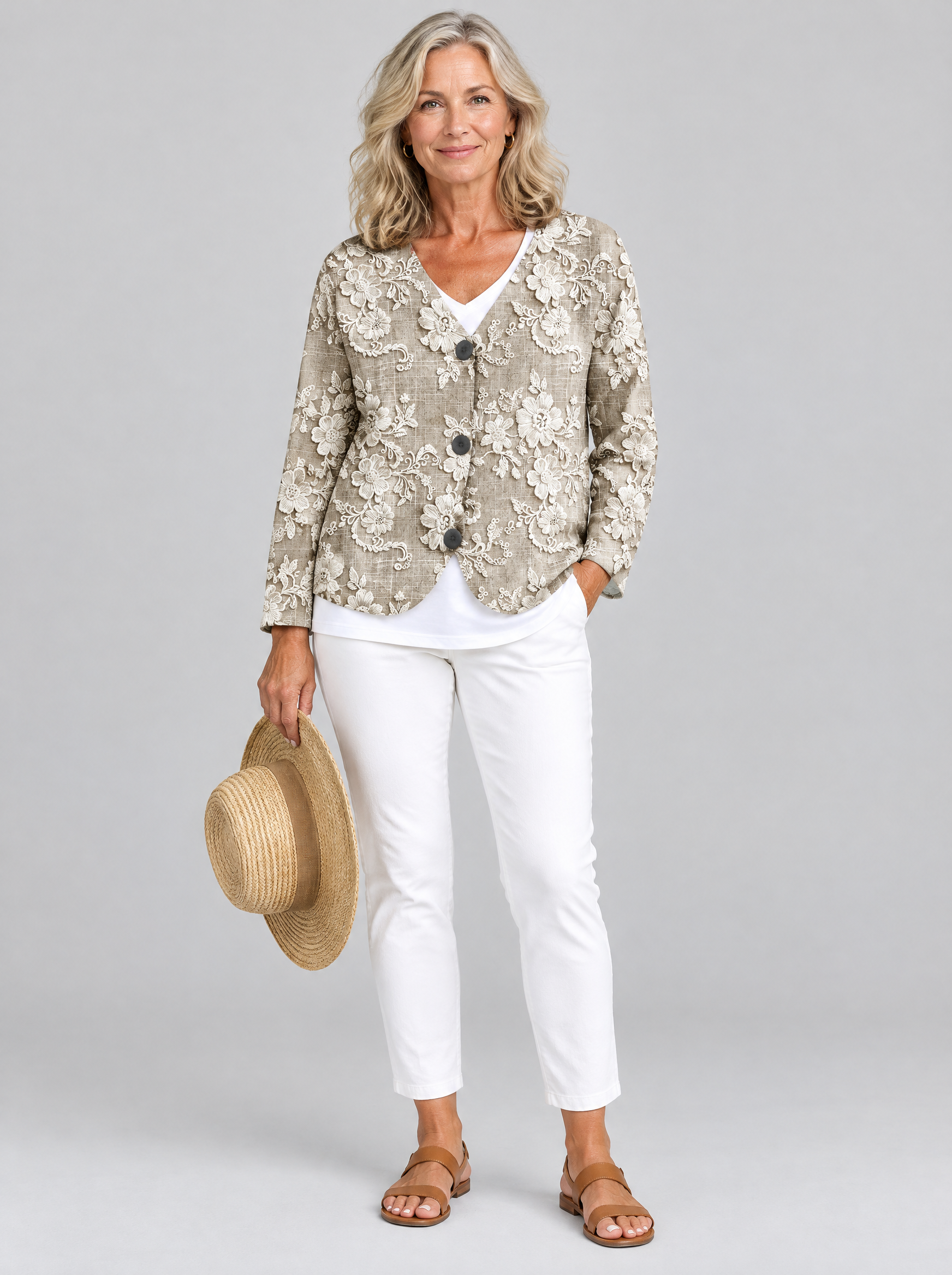 Eliana cardigan in khaki lace look floral print, front view