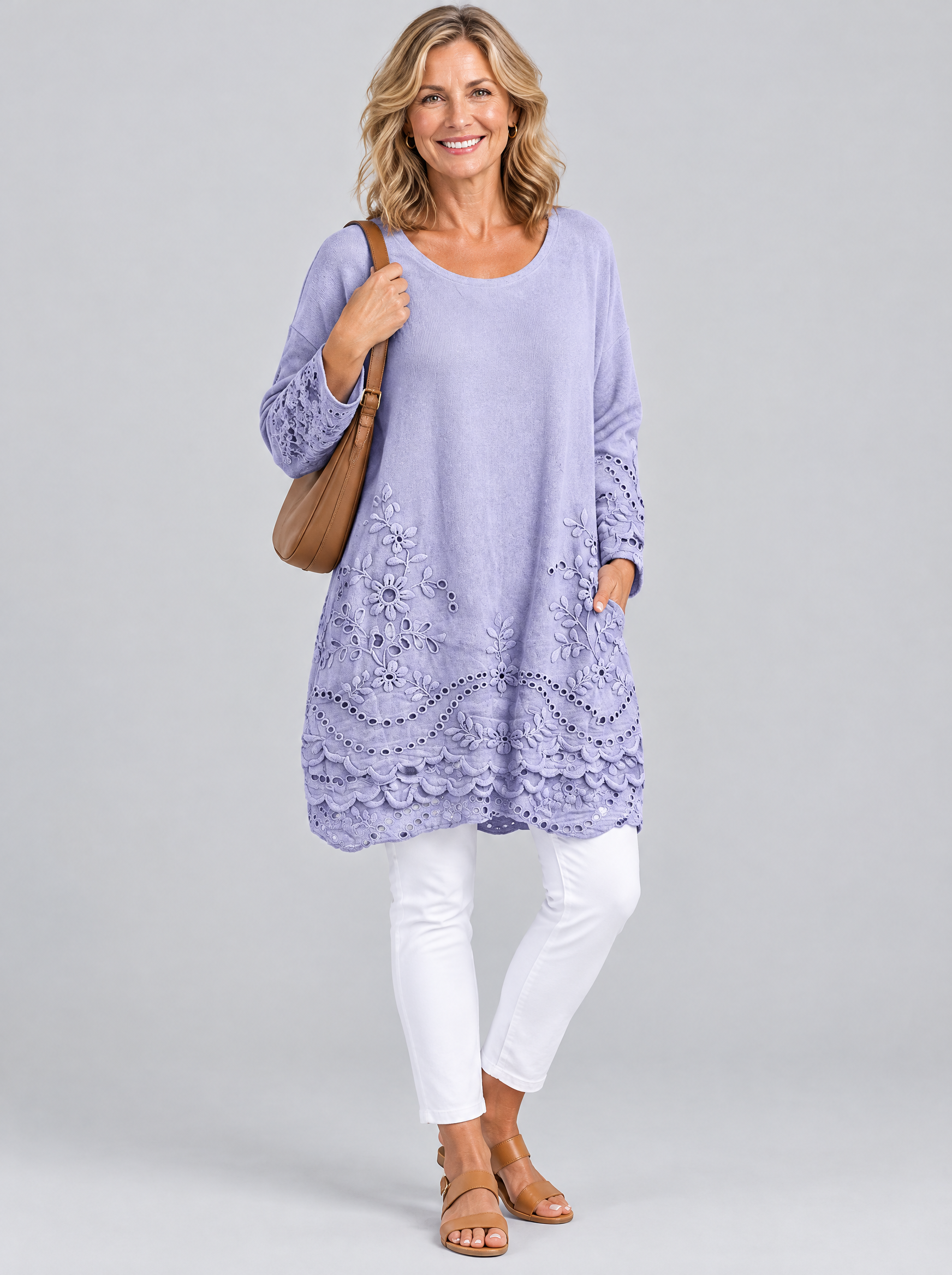 Lily sweater in purple with eyelet embroidery, front view