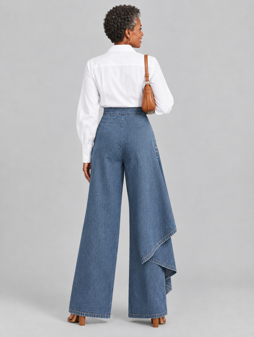 Harlow high waisted wide leg jeans in mid blue denim, back view