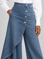 Harlow high waisted wide leg jeans in mid blue denim, close up of waistband, buttons and fabric