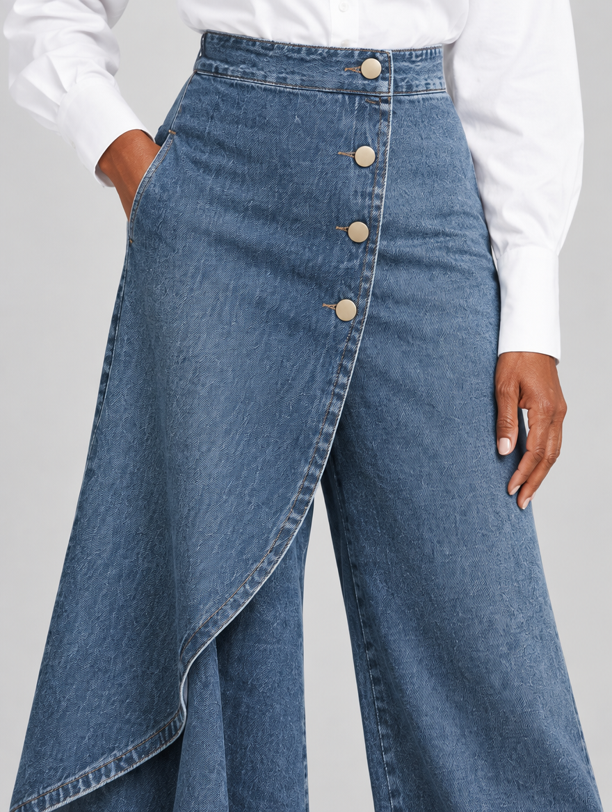 Harlow high waisted wide leg jeans in mid blue denim, close up of waistband, buttons and fabric