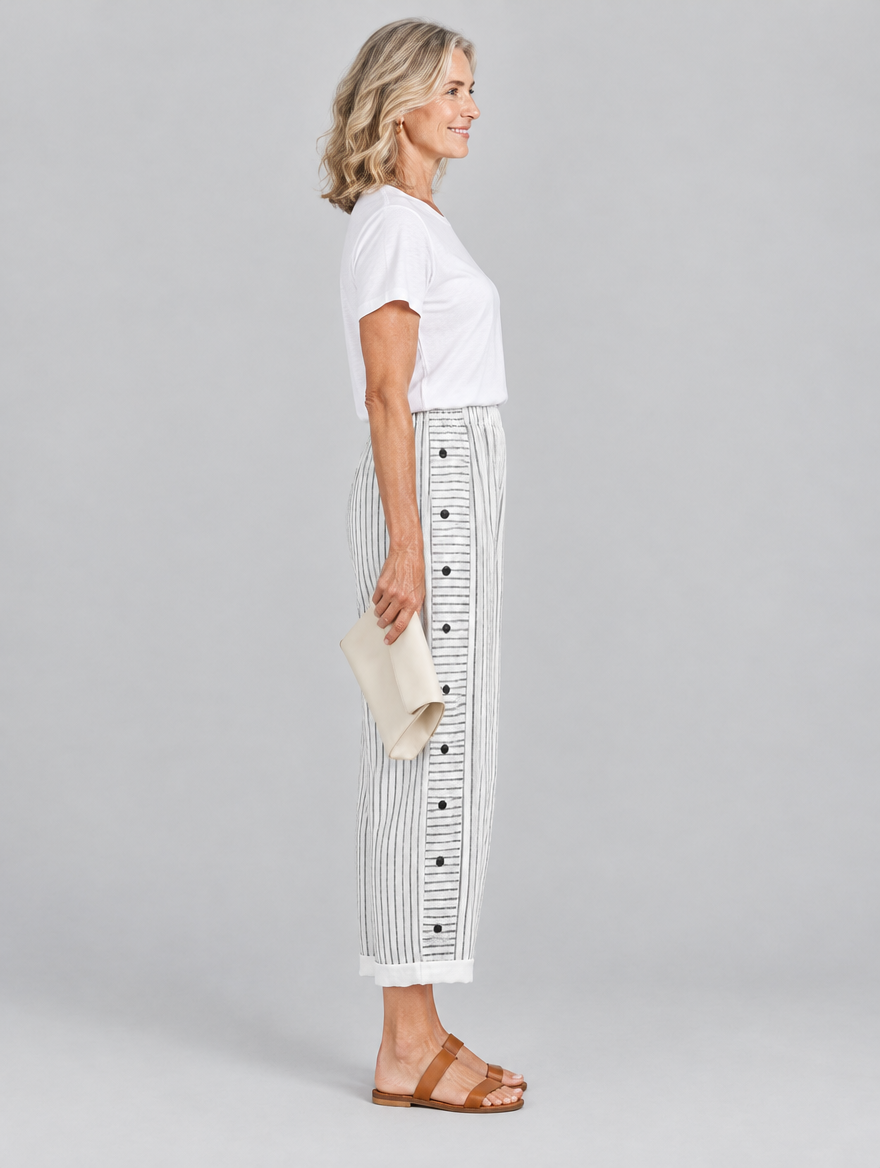 Nanette button trousers in white stripe, side view
