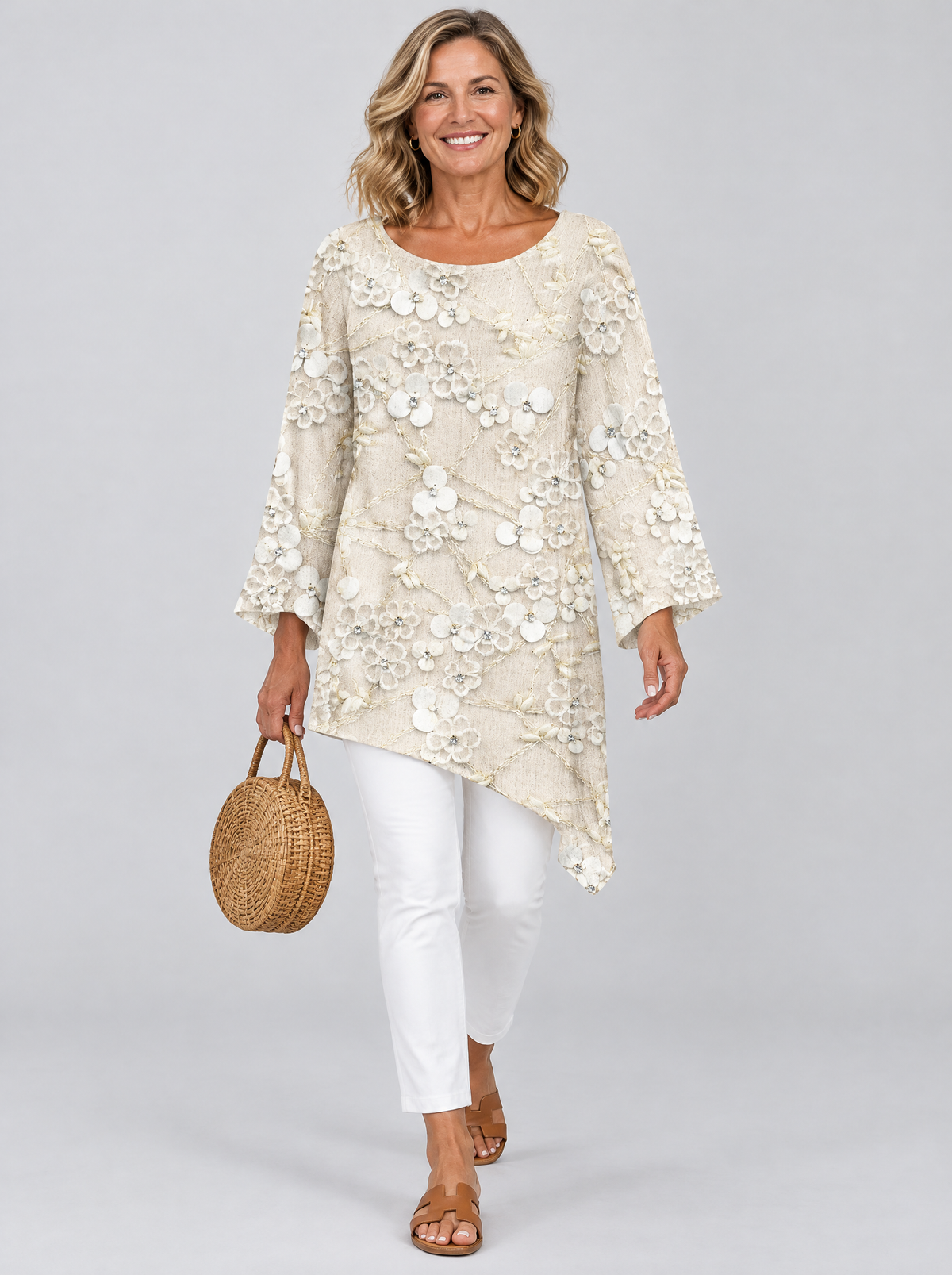 Liesl top in beige crystal bloom floral print, front view