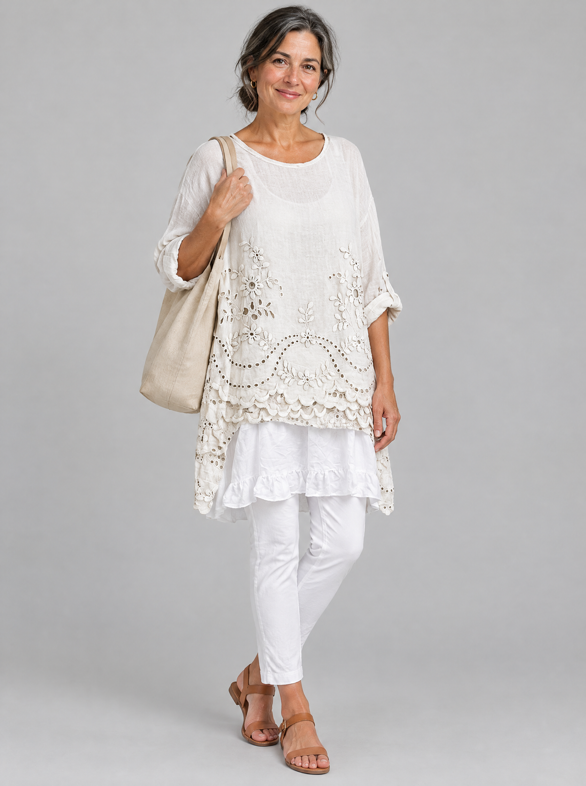 Cordula blouse in beige with eyelet embroidery, front view