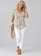 Florrie top in khaki lace look floral print, front view