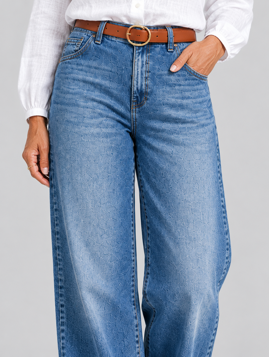Ellery vintage high waisted jeans in mid blue, close up of waistband, pockets and denim