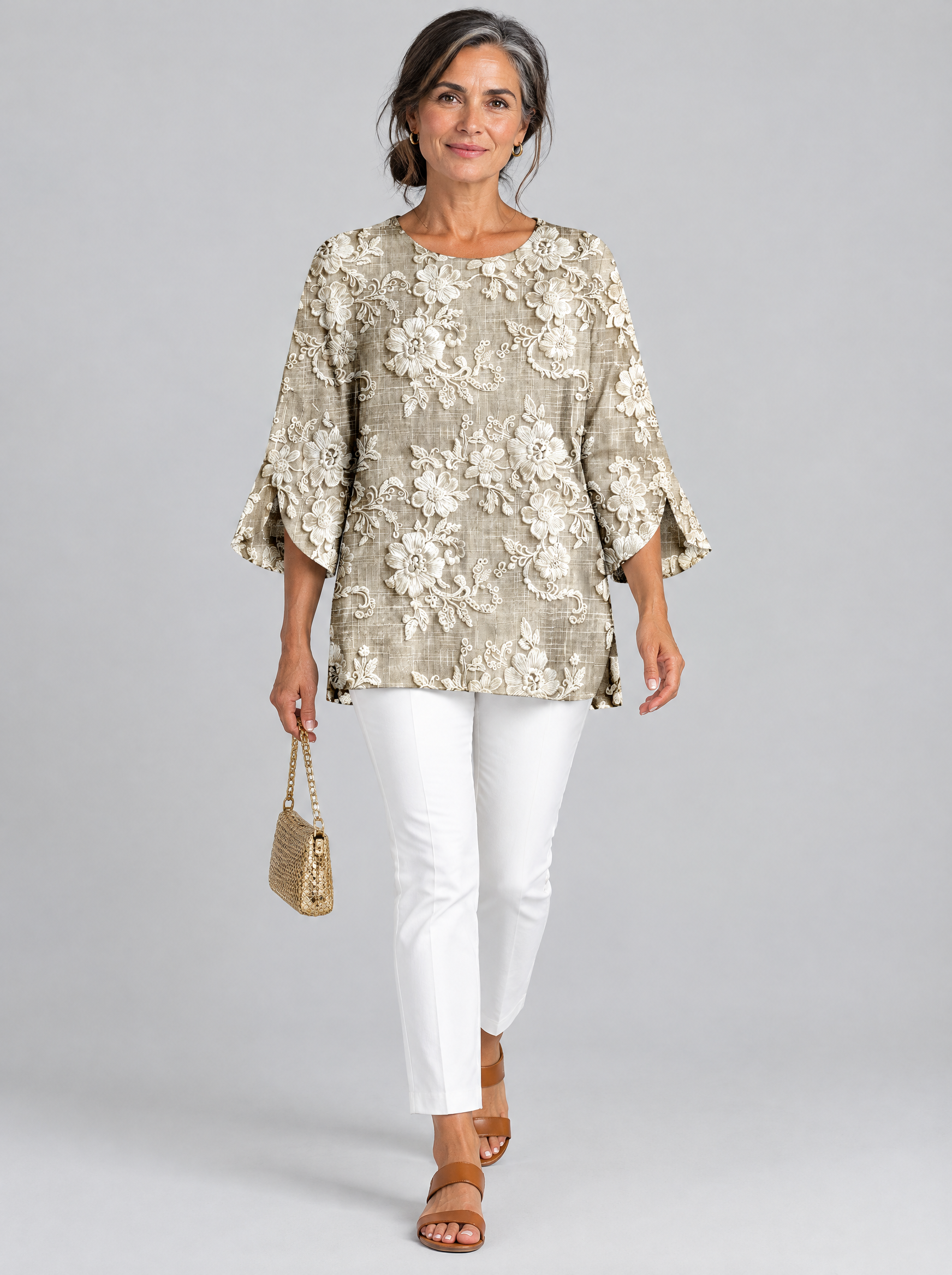 Abigail top in khaki lace look floral print, front view