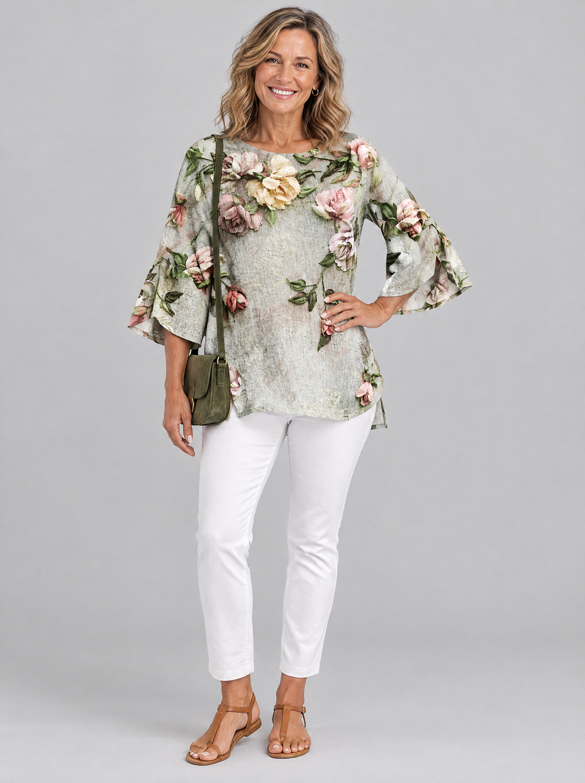Linette top in light grey rose print, front view