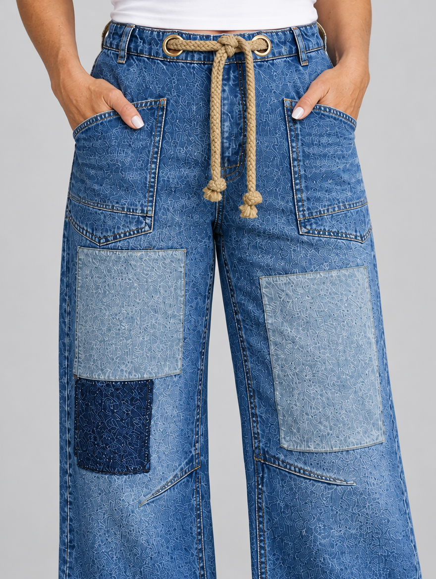 Yaretzi patchwork jeans in mid blue, close up of rope drawstring, pockets and patches