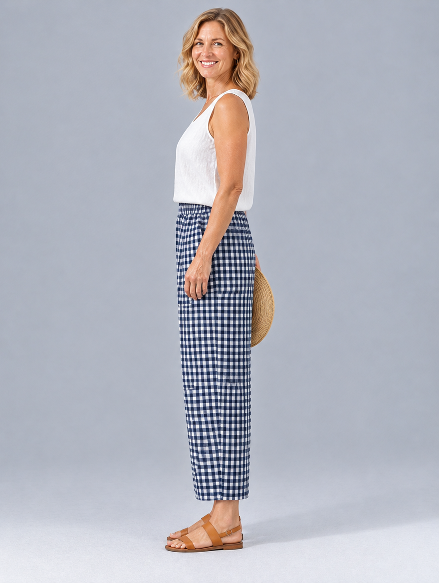 Caro gingham trousers in navy check, side view