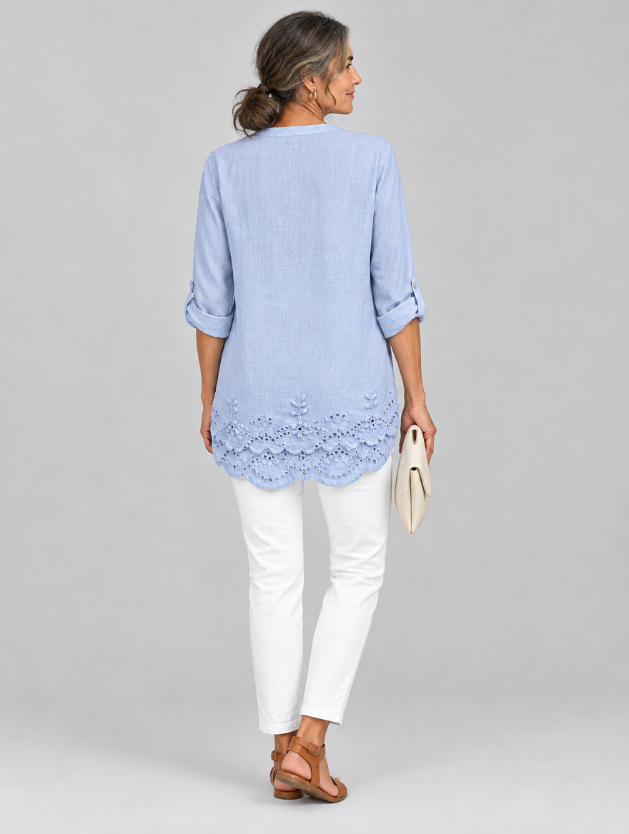 Annora top in blue, back view