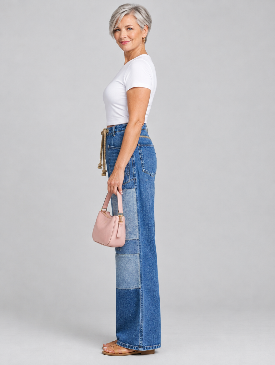 Rosita patchwork jeans in mid blue, side view