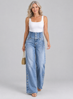 Montana high waist slit jeans in light blue wash with buttoned waistband, front view