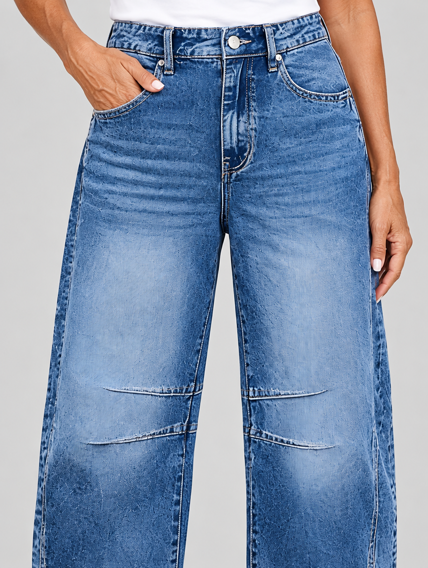 Farrah casual jeans in mid blue, close up of waistband, pockets and knee seams