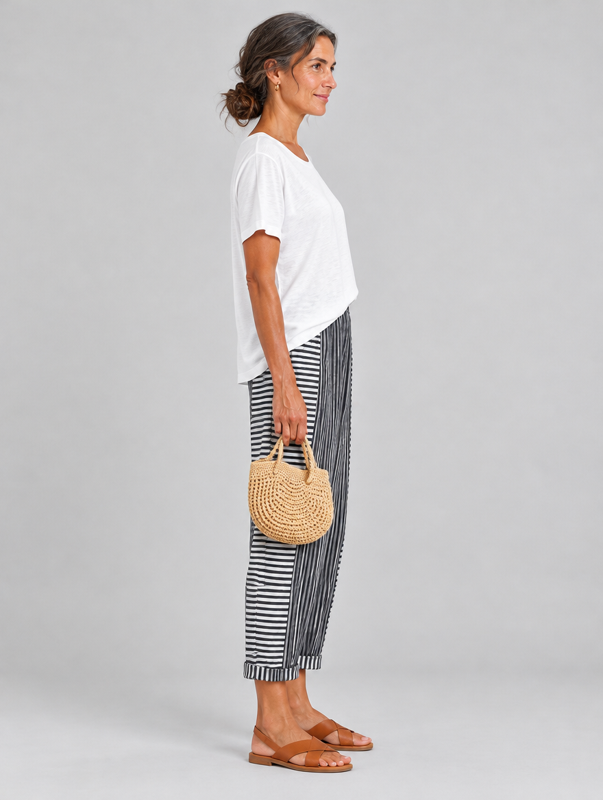 Saffy relaxed fit trousers in black stripe, side view