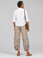 Petunia floral comfort pants in khaki, back view