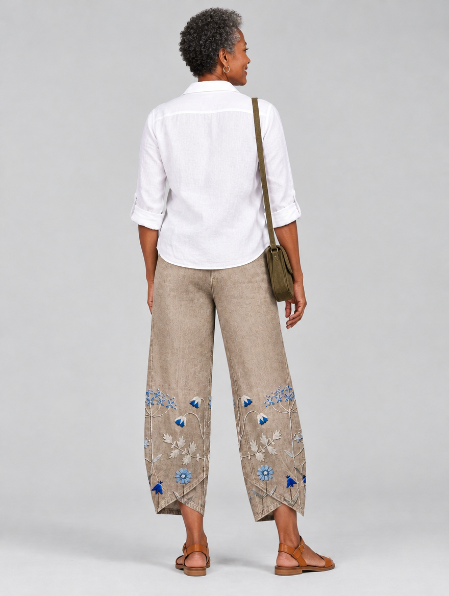 Petunia floral comfort pants in khaki, back view