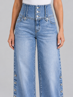 Montana high waist slit jeans in light blue, close up of buttoned waistband and side buttons