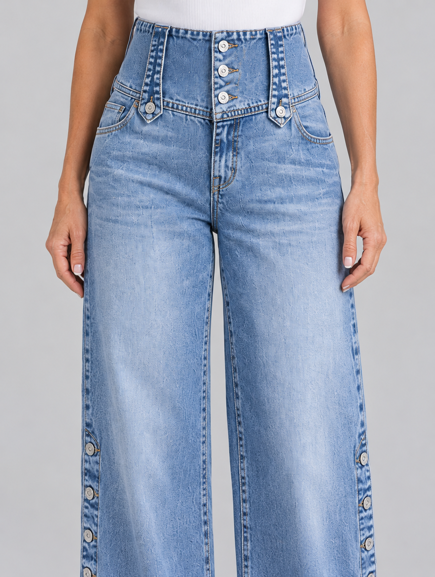 Montana high waist slit jeans in light blue, close up of buttoned waistband and side buttons