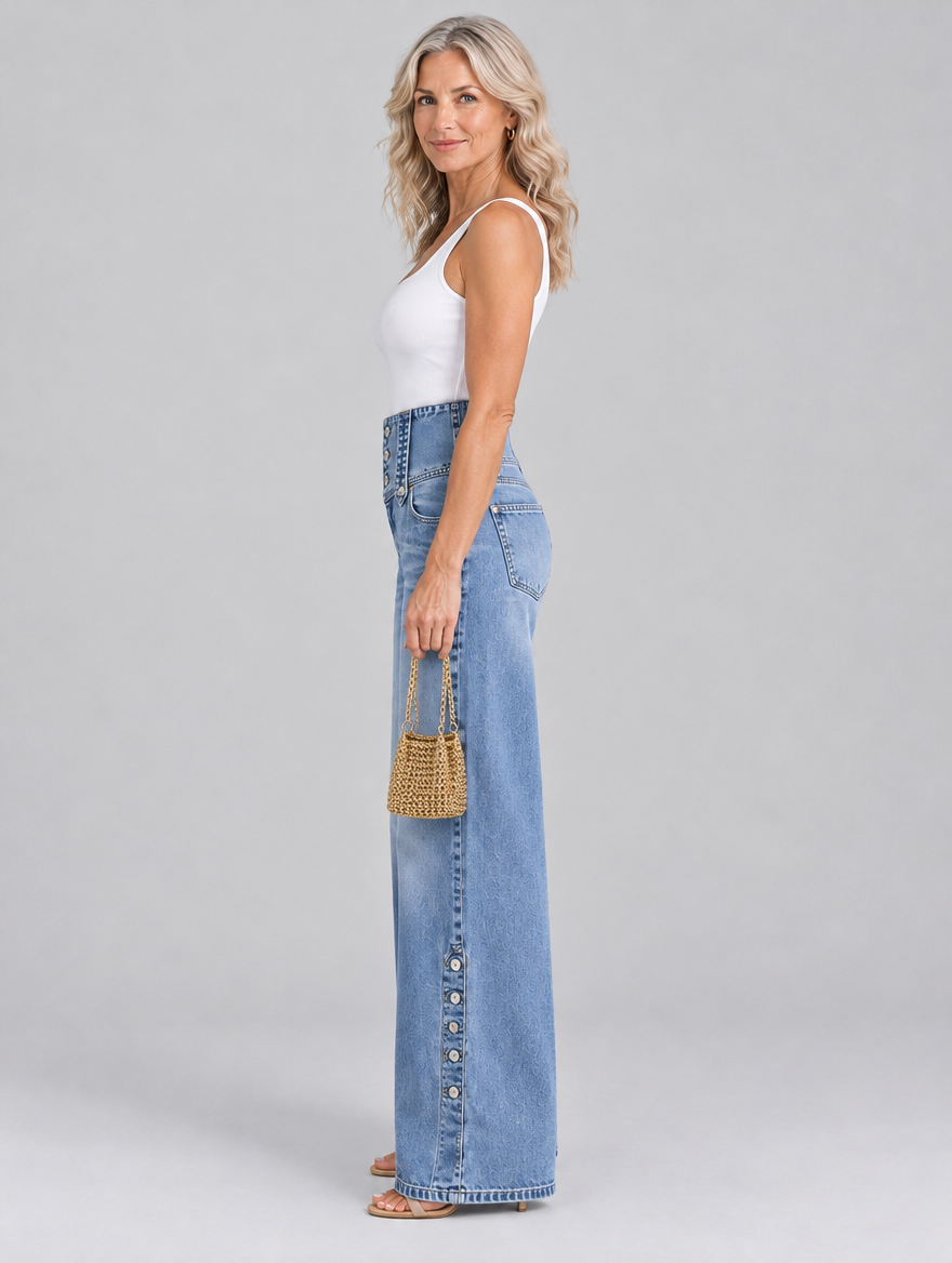 Montana high waist slit jeans in light blue, side view