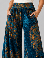 Ione boho wide leg pants in midnight sapphire, close up of waistband, pockets and print