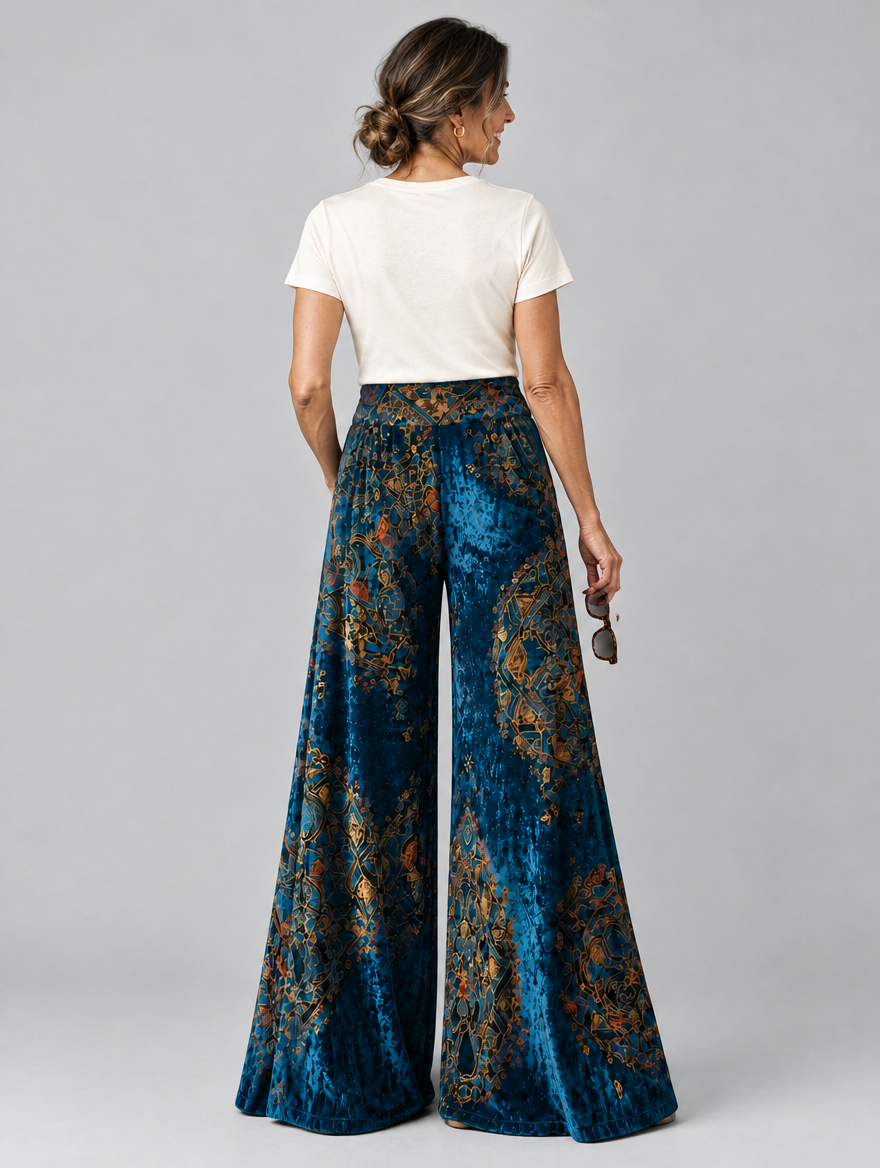 Ione boho wide leg pants in midnight sapphire, back view