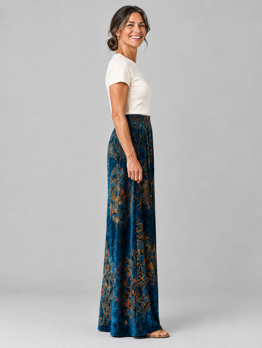 Ione boho wide leg pants in midnight sapphire, side view