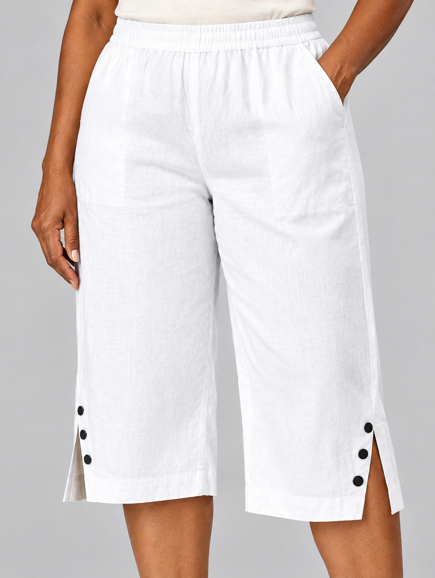 Laurel comfort shorts in white, close up of waistband, pockets and button slits