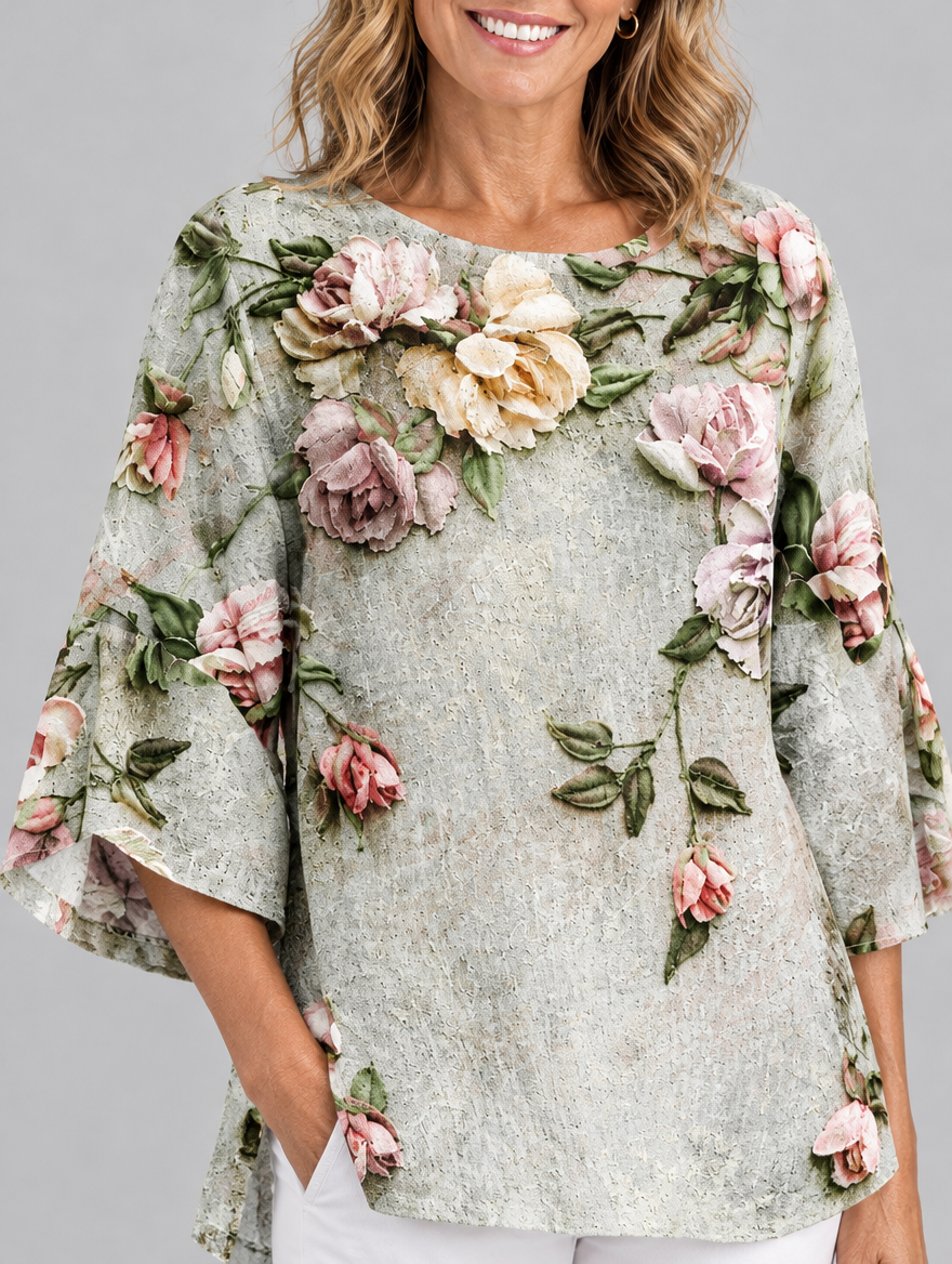 Charlotte top, close up of print and neckline