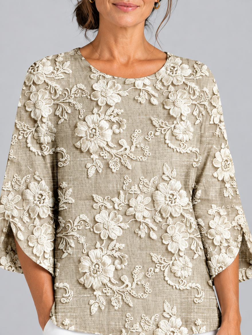 Clarabel top, close up of print and neckline