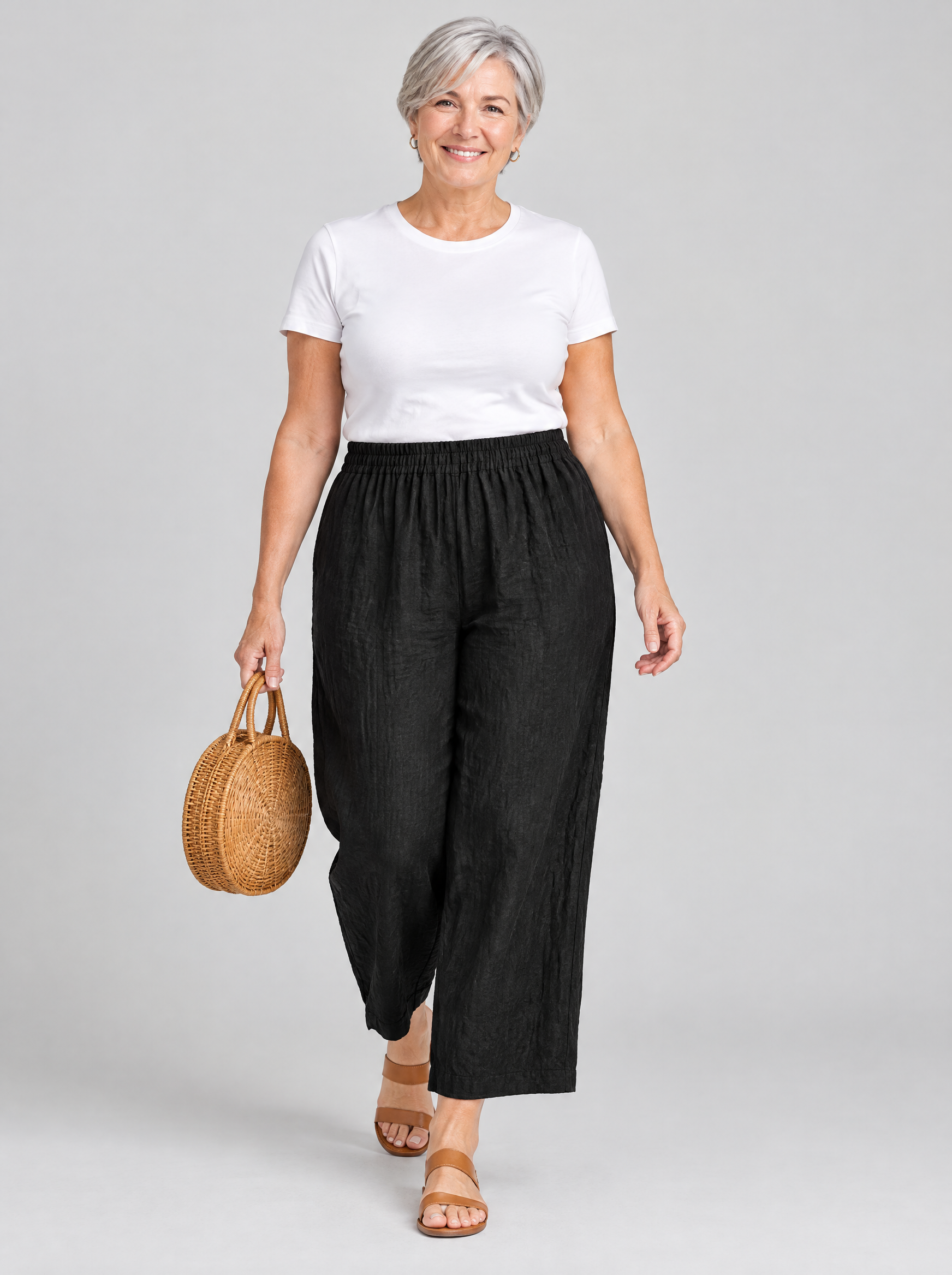 Karina linen pants, black pair from the pack of 5, front view