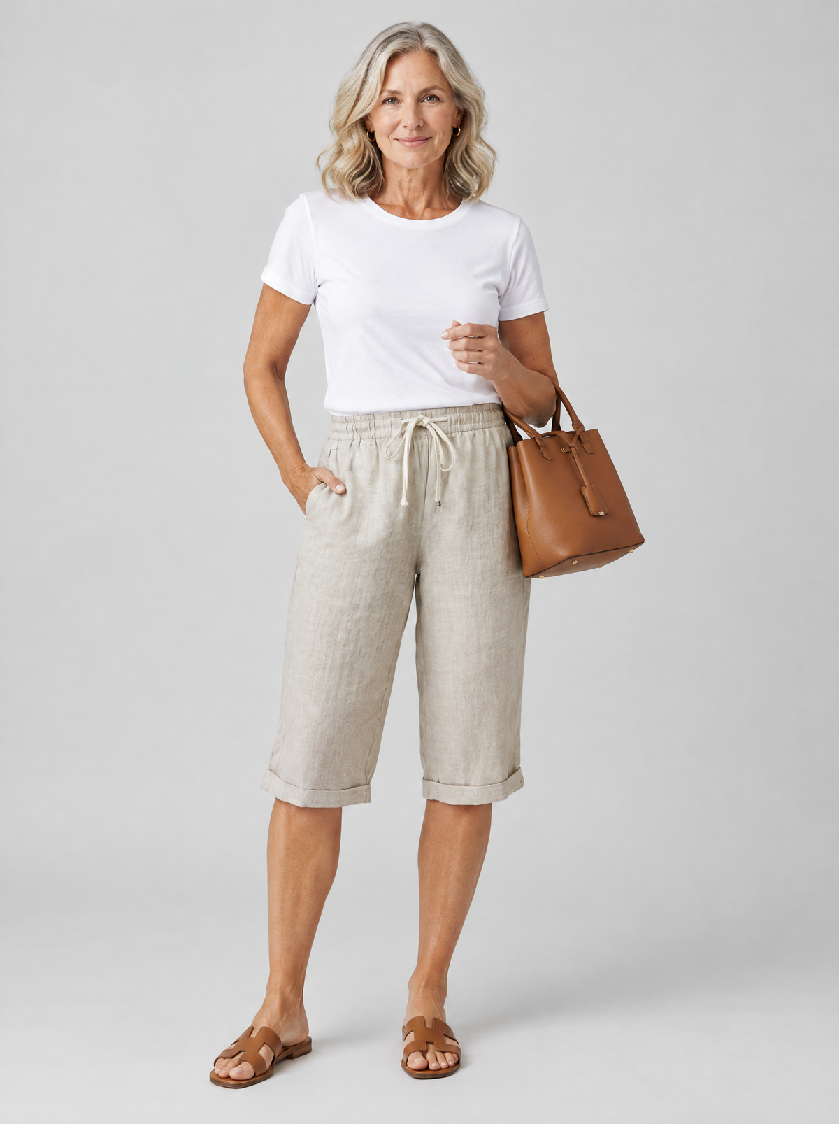 Hulda linen shorts in beige, front view