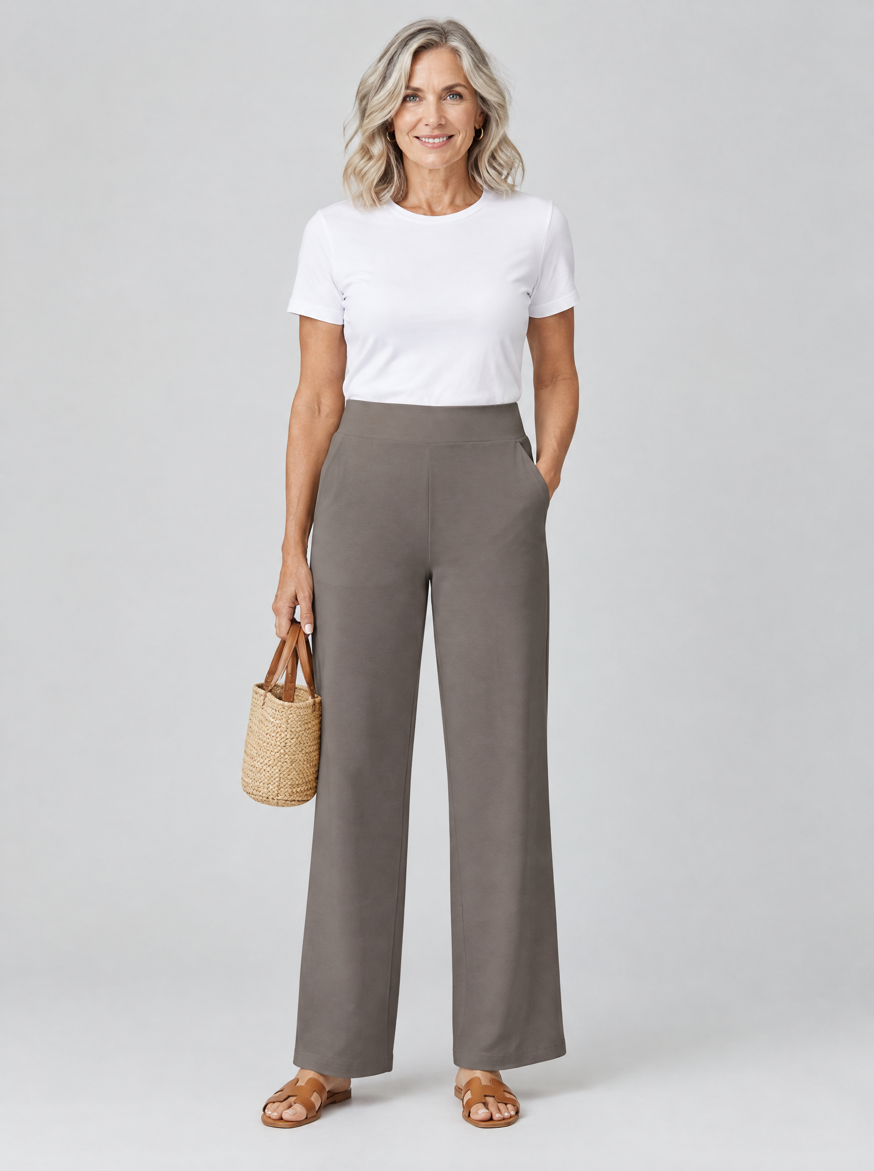 Olivia stretch pants in taupe, front view