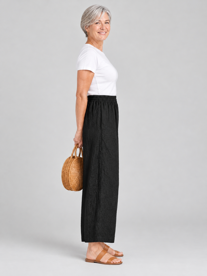 Quinta linen pants, black pair from the pack of 5, side view