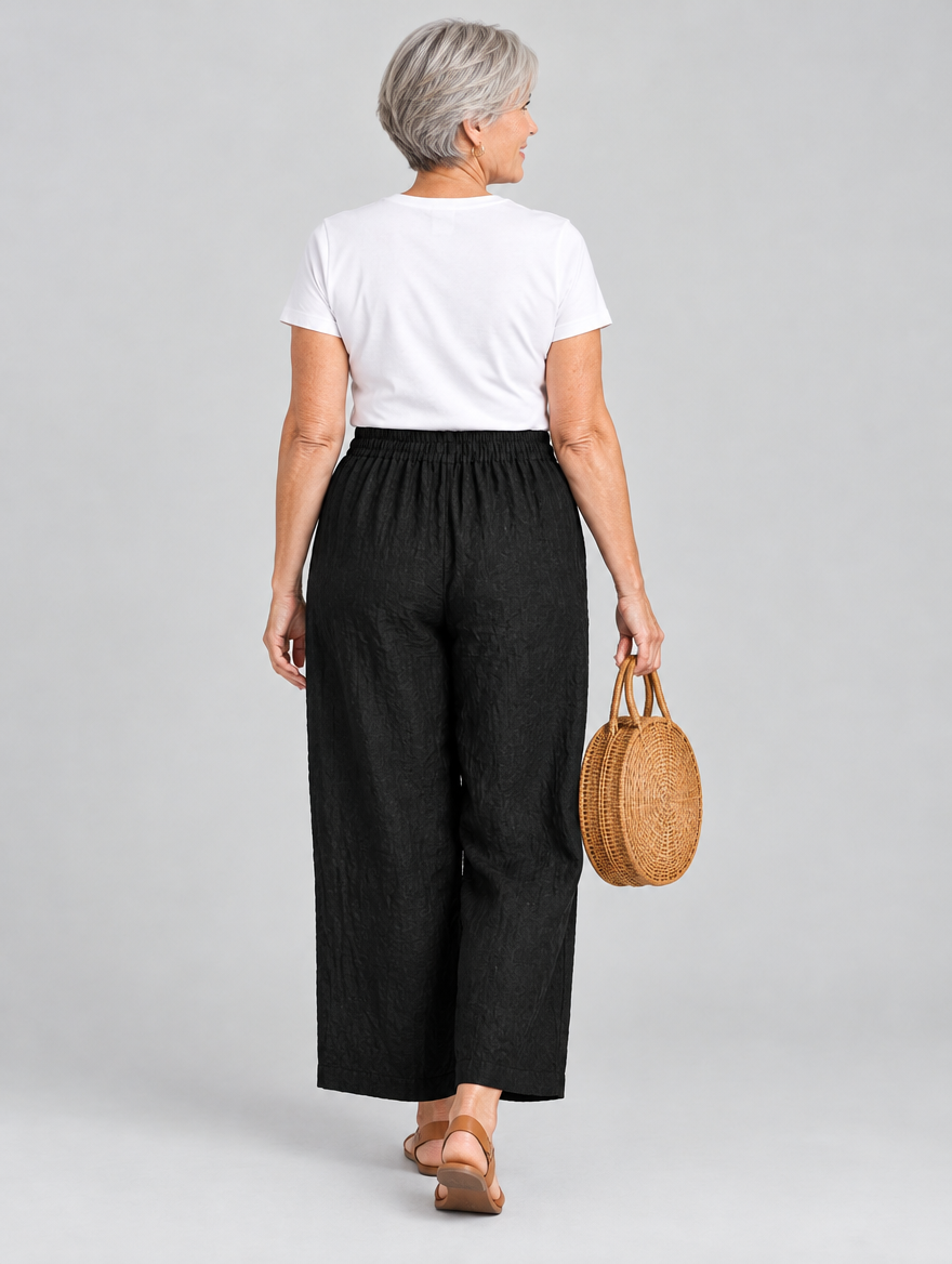Quinta linen pants, black pair from the pack of 5, back view