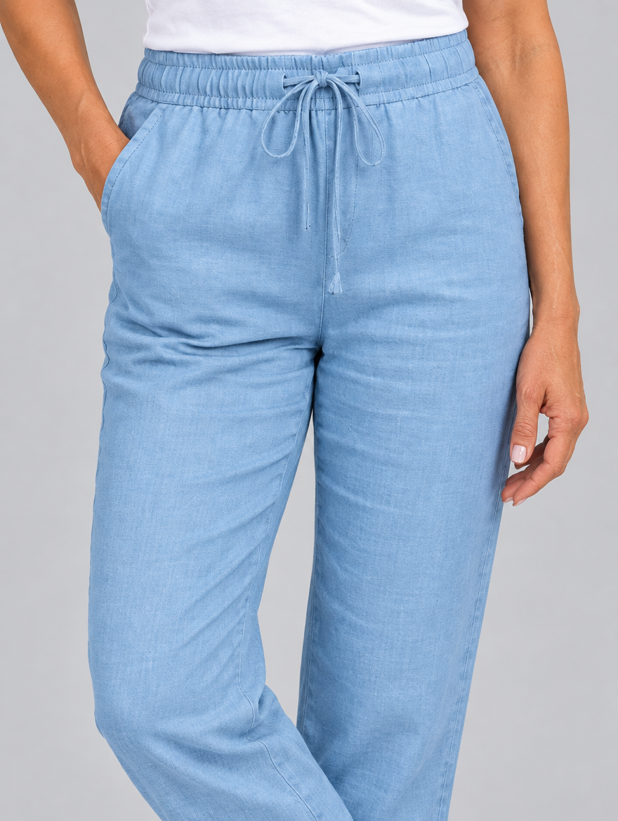 Arabel linen trousers in light blue, close up of waistband and fabric
