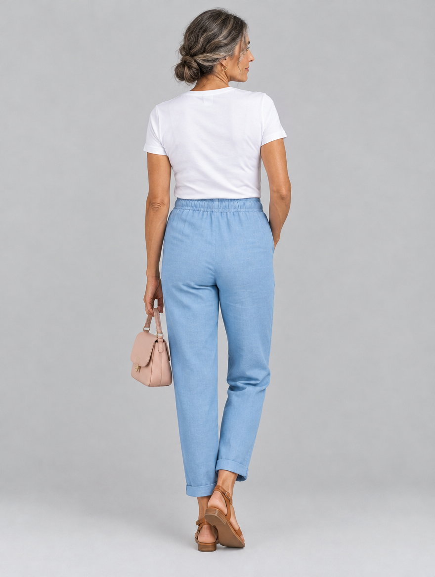 Arabel linen trousers in light blue, back view