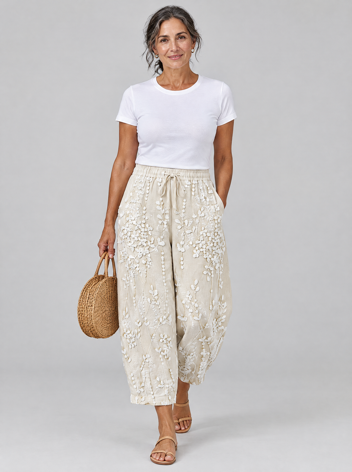 Hyacinth vine printed trousers in beige, front view