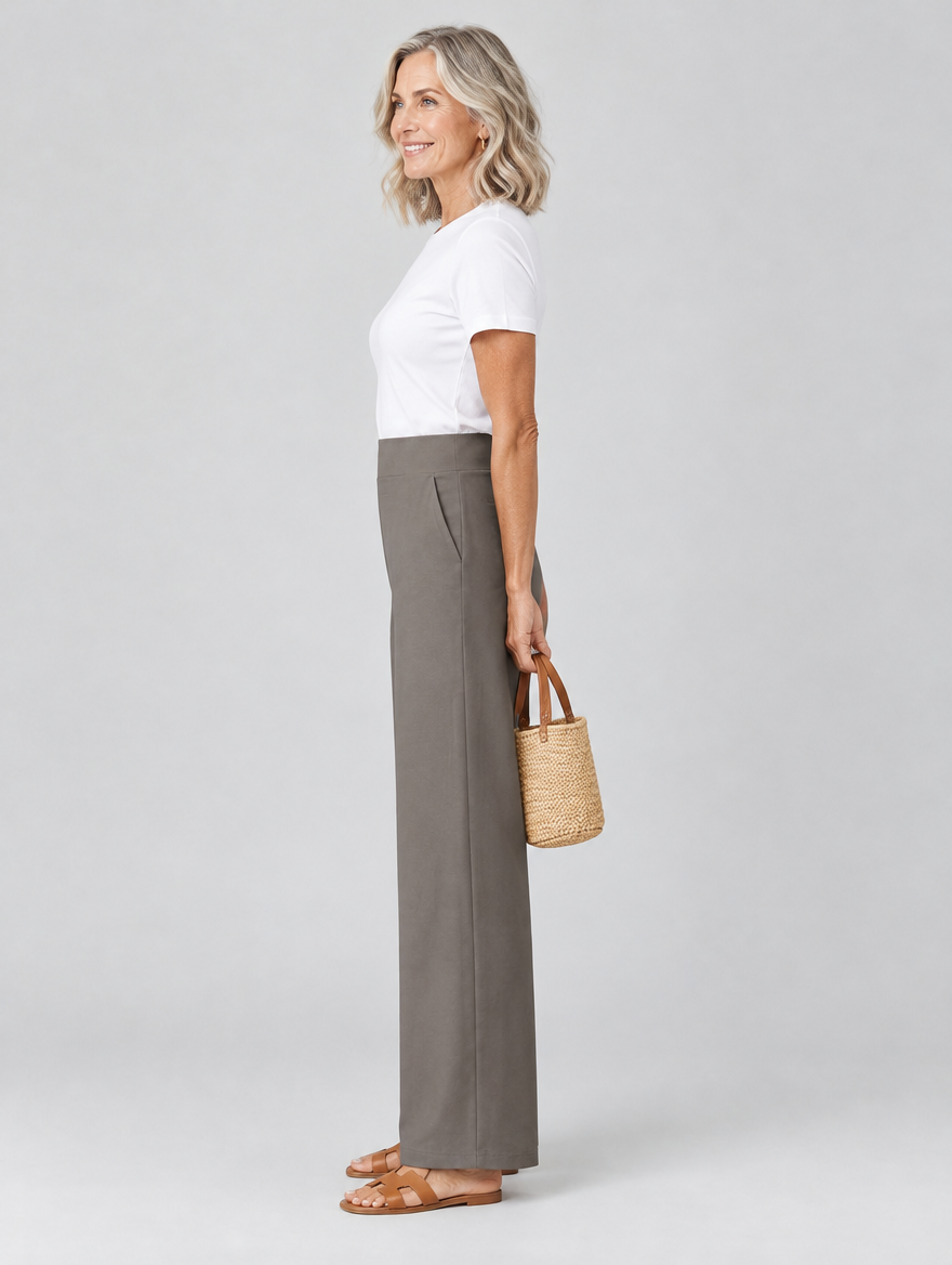 Gaia stretch pants in taupe, side view