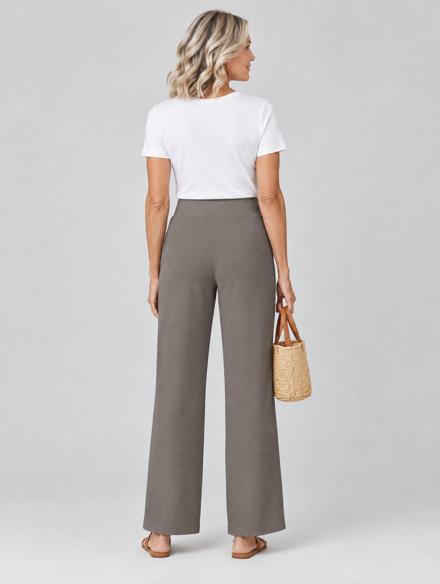 Gaia stretch pants in taupe, back view