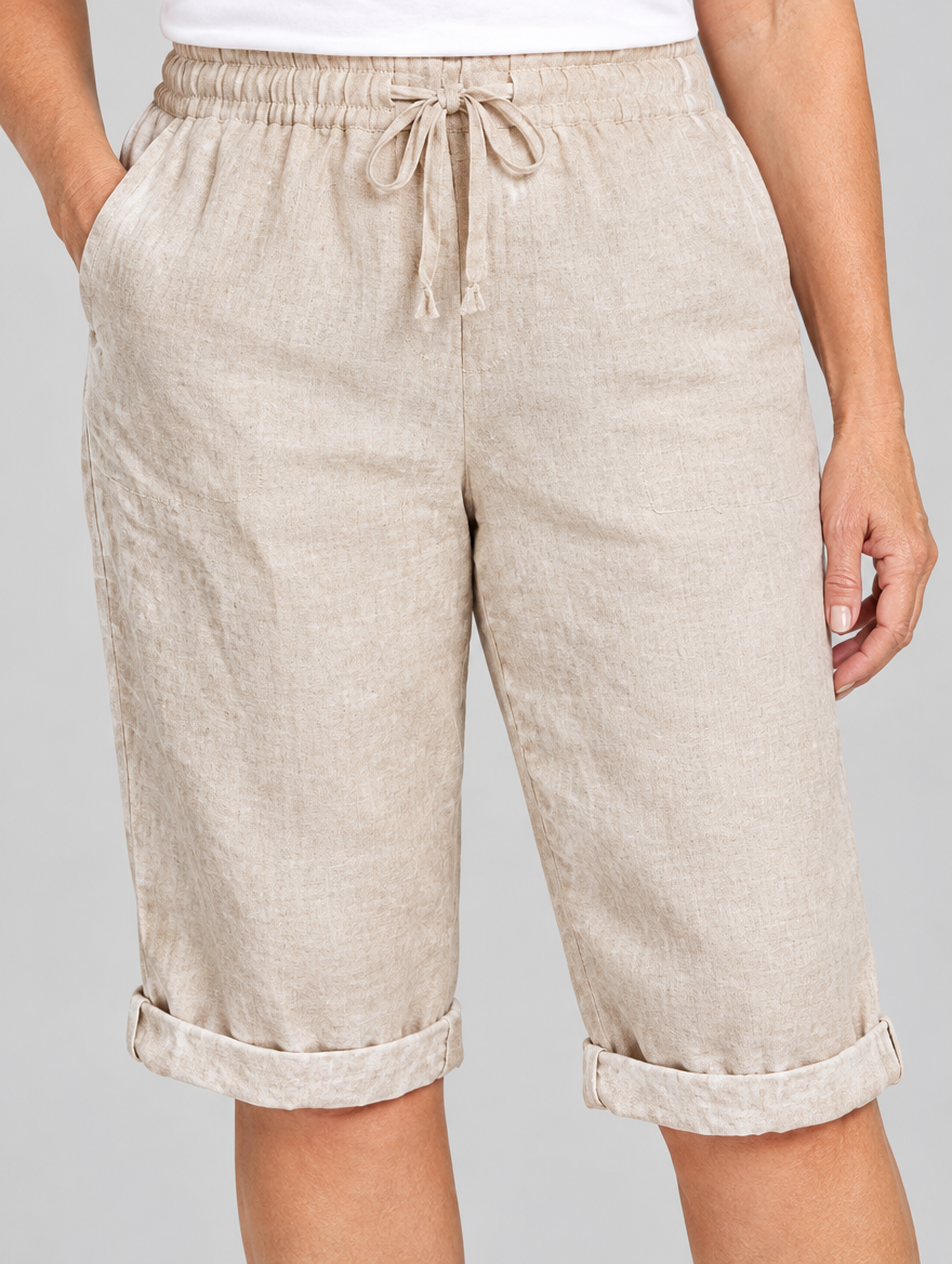 Maile linen shorts in beige, close up of waistband and fabric