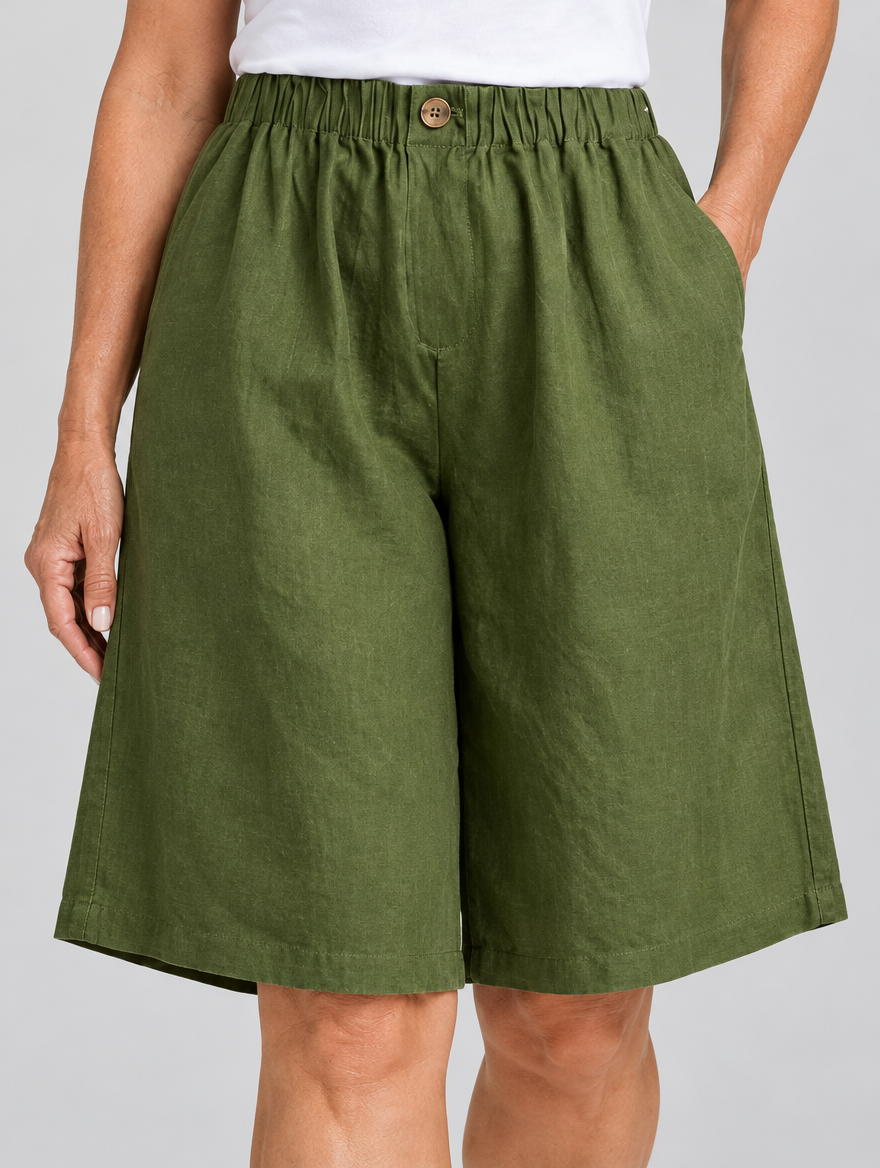 Polly linen shorts in army green, close up of waistband and fabric