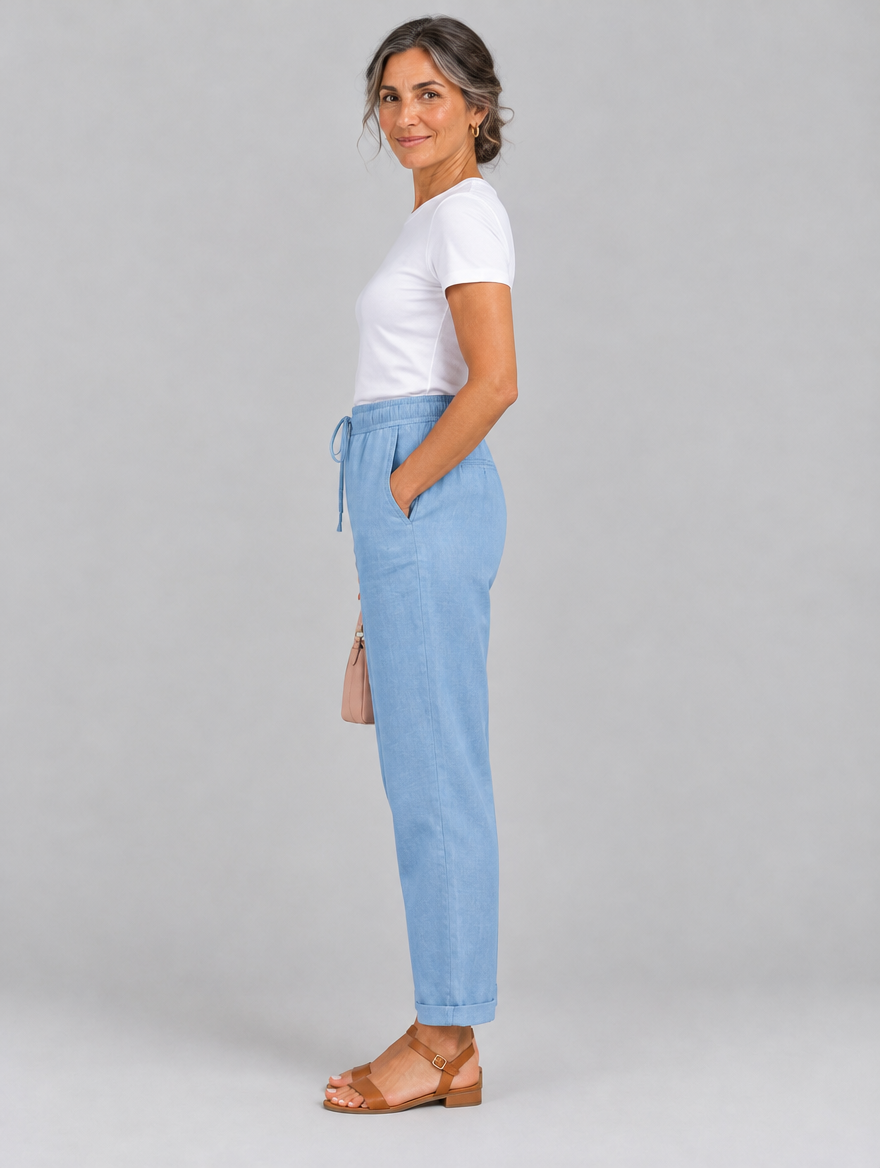 Arabel linen trousers in light blue, side view