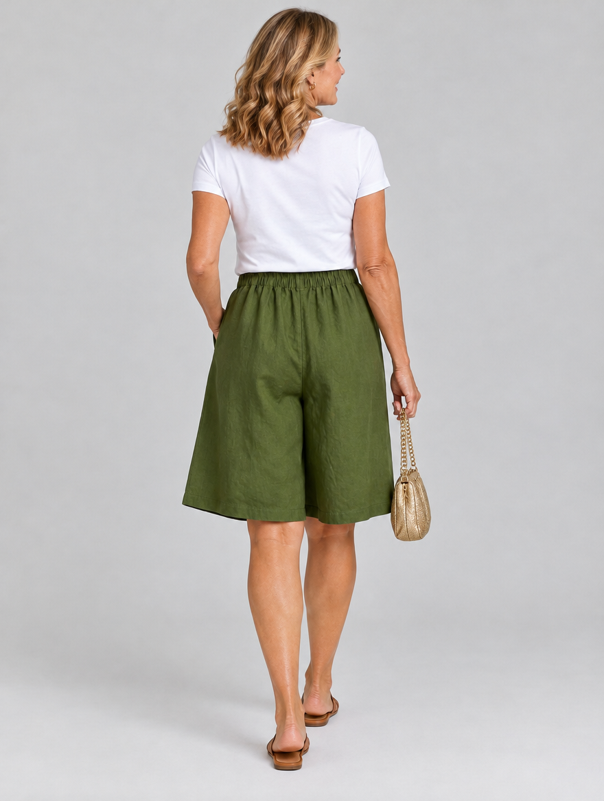 Polly linen shorts in army green, back view