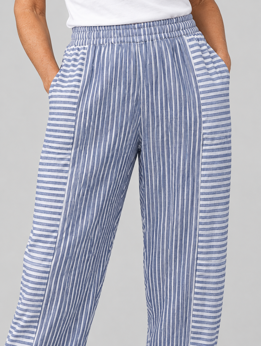 Rylie striped trousers in blue, close up of waistband and fabric